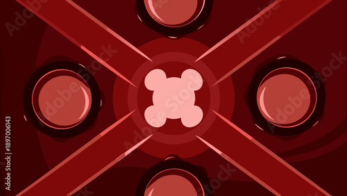 Flat illustration of red circular elements intersecting with a central light pink shape on a dark red background with lines with intersecting shapes