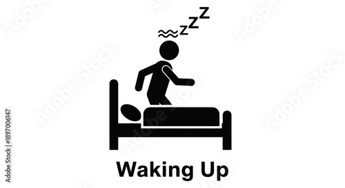 Stick figure waking up from bed with Zzz symbols above head.