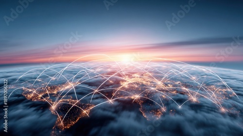 Global network connections spanning the Earth at sunrise, symbolizing connectivity and communication