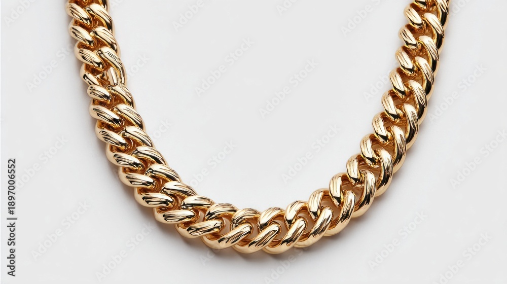 Obraz premium Close-up of a thick, polished gold curb chain necklace on a white background