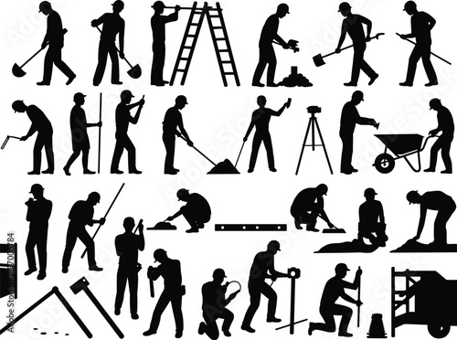 construction worker silhouette set, builders using tools ladders and equipment, manual labor and building activities collection, industrial work scene, black vector illustration