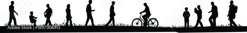 people walking silhouette landscape, pedestrians and cyclist on grass ground, daily outdoor activity scene, human figures in motion, black vector illustration
