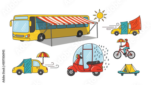  Shelter and Protection: A collection of various vehicles and modes of transport, each creatively adapted with shelters like awnings, umbrellas, and tents, to offer refuge from the elements. 