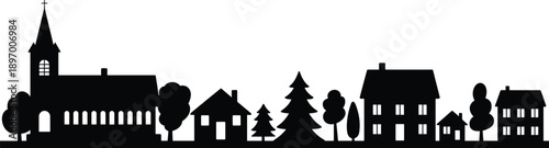 silhouette village landscape, church houses trees skyline, small town countryside scene, rural architecture panorama, black vector illustration