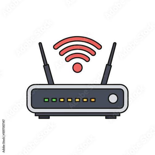 Wireless router with antennas and signal waves on white background Keywords: wireless router, Wi