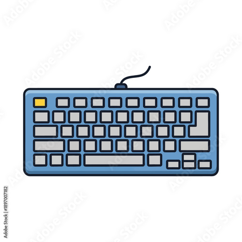 Blue computer keyboard with yellow escape key and grey keys on white background with black outline d