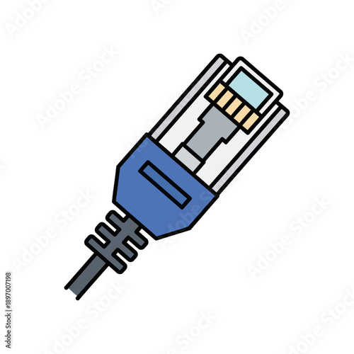 Blue Ethernet network cable connector with gray and yellow details on white background Keywords