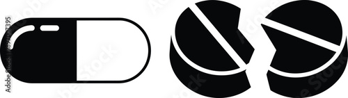 Black and white illustration of pills and capsules