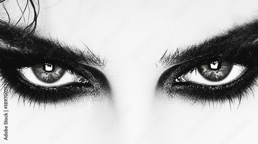 Fototapeta premium Striking monochrome close-up of a woman's eyes, intensely enhanced with dramatic dark eyeshadow, creating a bold and captivating visual statement of beauty.