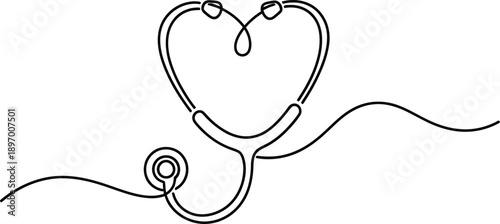 One line continuous drawing of a stethoscope forming a heart shape, medical concept, minimalist vector art