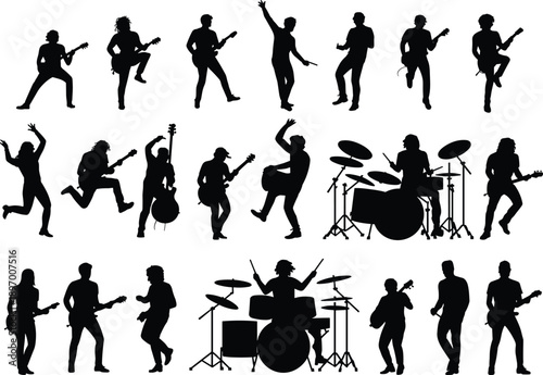 silhouette rock band musicians set, guitar drummer singer poses, live music performance action, concert energy concept, dancing artists, stage show, black vector illustration