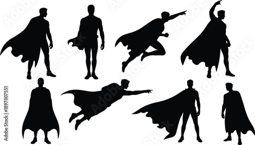 silhouette superhero action set, flying hero poses collection, cape movement characters, comic fantasy figures, strength power concept, dynamic motion, black vector illustration