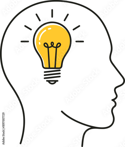 Outline of a human head silhouette with a glowing yellow light bulb inside representing an idea, innovation, or thinking process
