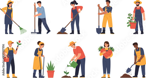 Diverse Group of People Engaged in Various Gardening Activities, Tending to Plants and Harvesting Crops in a Flat Illustration Style