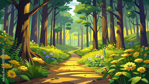 Very beautiful dense forest path lined with tall trees and bright yellow wildflowers in full bloom, creating depth, freshness, and a vibrant natural walking scene.