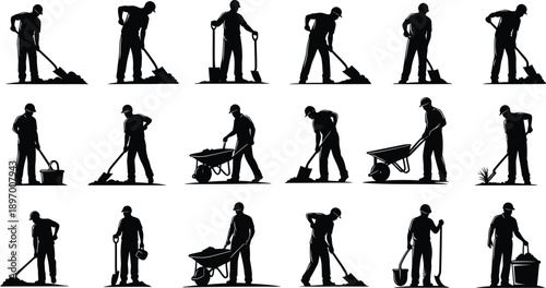 Collection of diverse silhouettes depicting male workers performing various manual labor tasks with shovels, wheelbarrows, and buckets.
