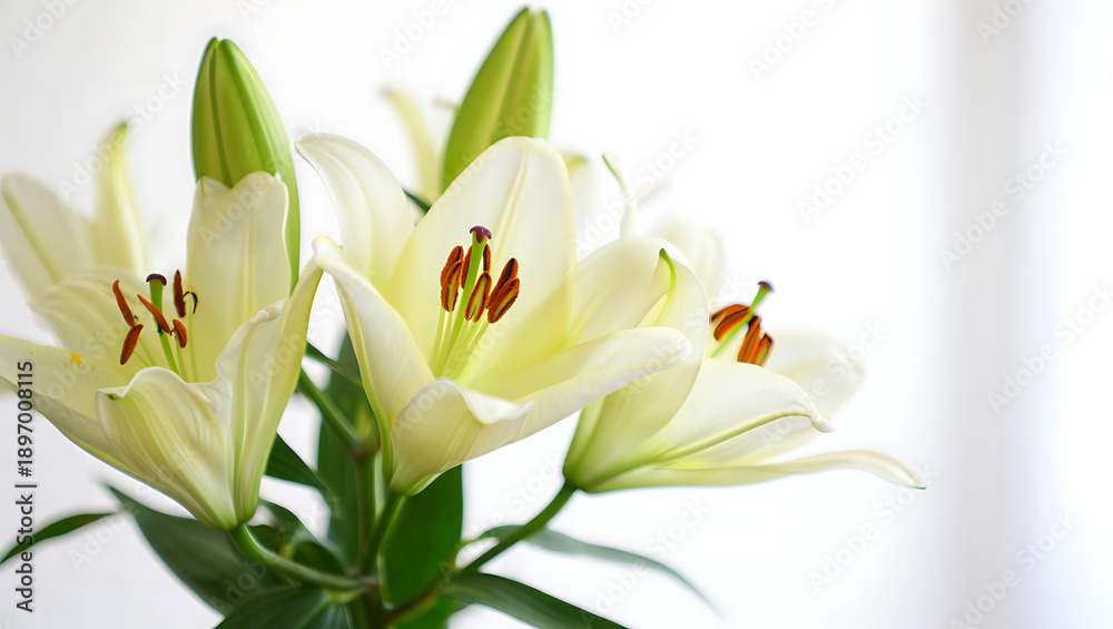 Obraz premium Elegant white lilies with vibrant green leaves and delicate petals create a serene floral arrangement perfect for any occasion transparent background