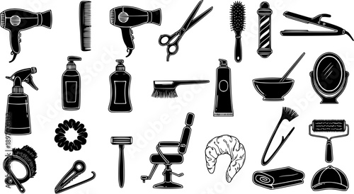 Black and White Line Art Vector Icon Set of Hairdressing and Barber Tools