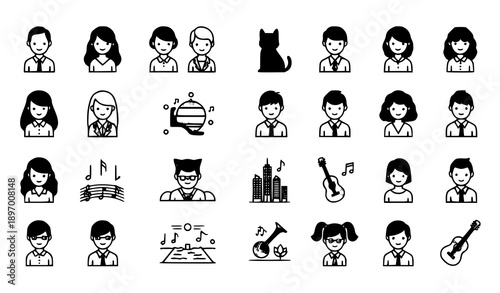 Minimal modern silhouette vector icon set of people, pets, places, and music