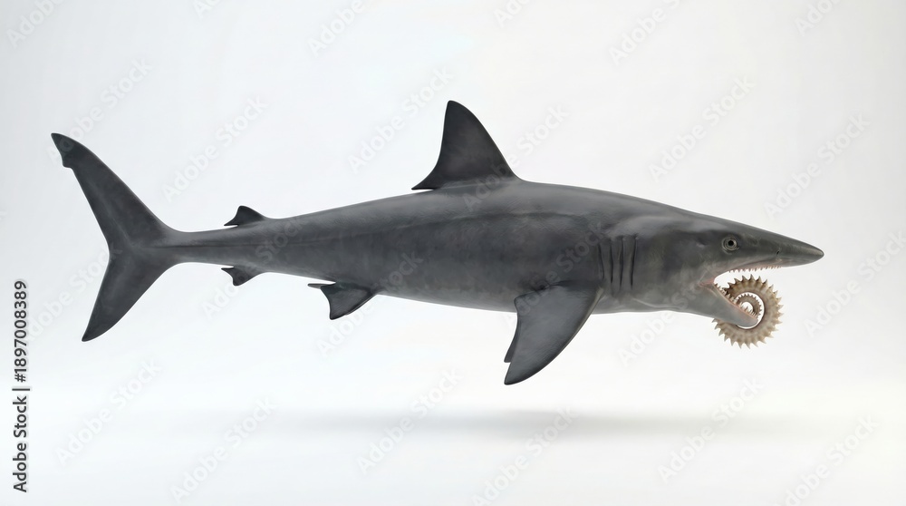 Obraz premium A detailed 3D render of a prehistoric Helicoprion shark with its distinctive spiral tooth whorl, isolated on a white background.