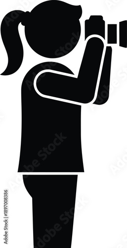 Silhouette of a female photographer taking a picture with a camera, side view icon