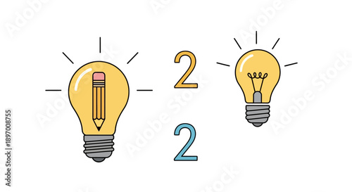 Two light bulbs with a pencil and numbers symbolizing ideas.