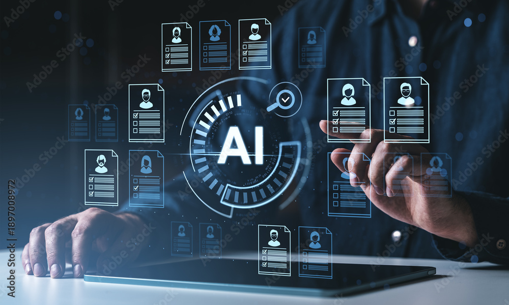 Fototapeta premium AI-based digital recruitment concept with futuristic interface and candidate profiles over abstract background.