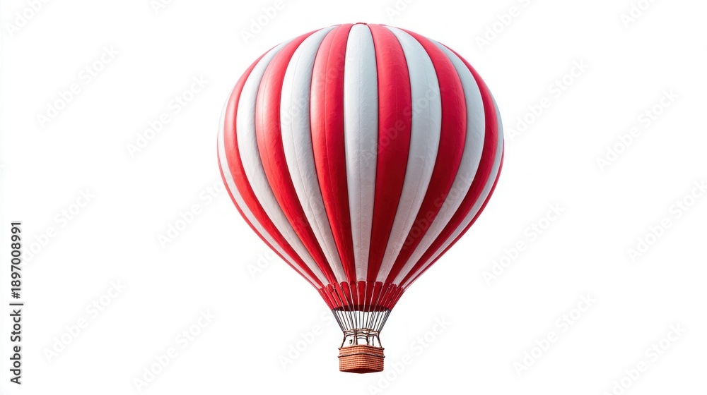 Fototapeta premium Red and white striped hot air balloon floating against a clean white background