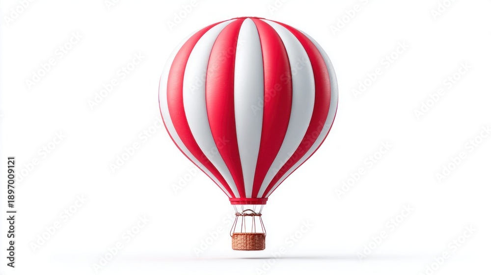 Fototapeta premium Classic red and white striped hot air balloon with wicker basket isolated on white background