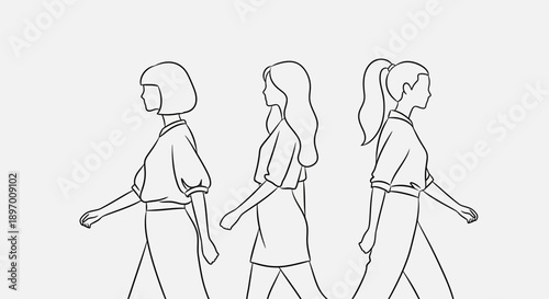 Three women walking side by side in profile view illustration.