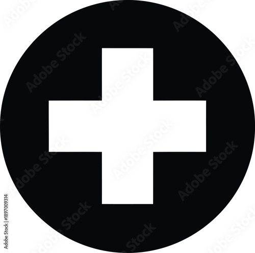Black circle with white plus sign inside, medical cross icon, healthcare symbol, first aid graphic, simple vector design