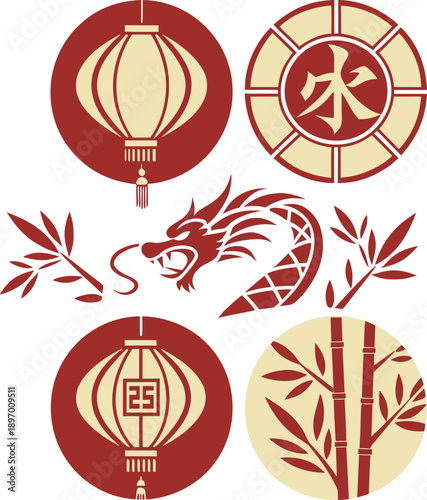 A stunning collection of Chinese New Year elements featuring a majestic dragon, vibrant lanterns, and auspicious symbols, perfect for adding a touch of cultural festivity to your designs