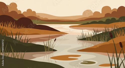 Serene desert river landscape with sandy banks cattails and distant mountains under a warm sunset sky