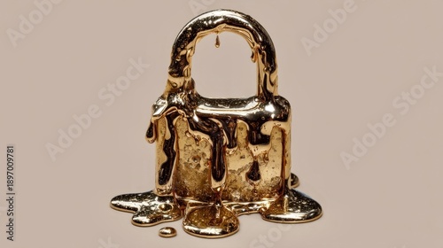 Unique gold padlock melting on surface creating artistic scene for creative or security themed projects and advertisements