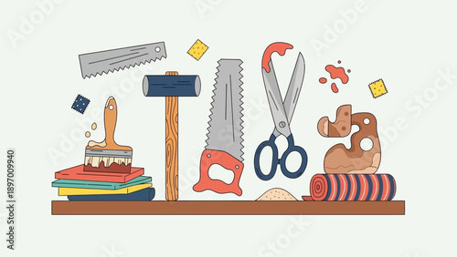 Crafting Tools and Sewing Supplies on Table.