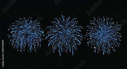 Blue Fireworks with White Sparkles on Black Background, Festive Night Celebration Design