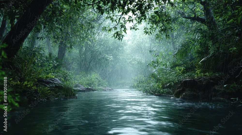 Obraz premium Rain falls in a lush forest with a river flowing through the trees during a misty morning