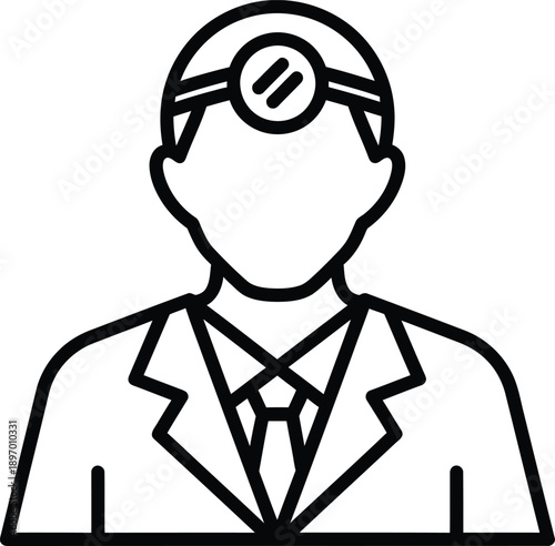 A simple line drawing of a man wearing a headlamp on his forehead and a suit
