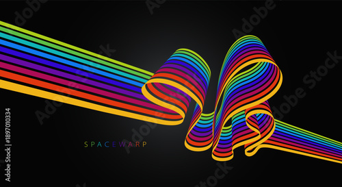 Rainbow colored lines in 3D perspective vector abstract background, curve stripes tapes happy positive emotion wallpaper, joyful warped ribbon.