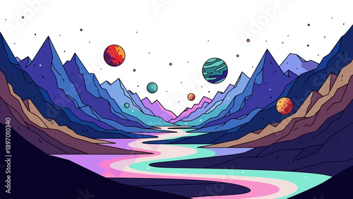Colorful Planets in Mountainous Landscape.