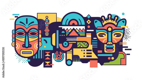 Colorful Tribal Masks and Abstract Shapes.