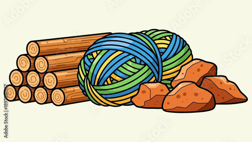 Colorful Twine Ball with Logs and Rocks.