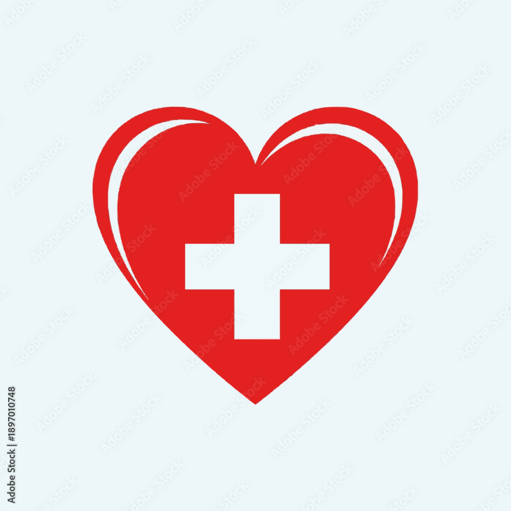 Fototapeta premium Vibrant red heart icon with a clear white cross symbolizing universal medical care, health support, and compassionate love within a healthcare context, representing vital services and wellbeing