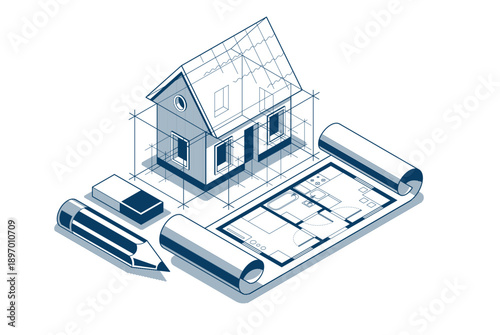 Cottage house for rest project concept, 3D isometric vector illustration of a small house building project, countryside small house cabin in village or nature.