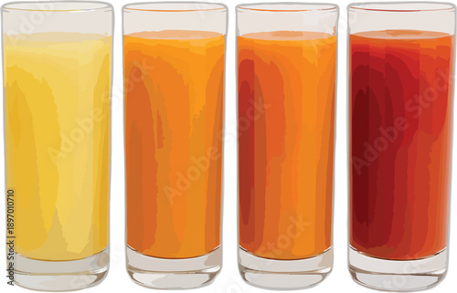 Four Glasses Of Juice On White Background Keywords: juice, beverage, drink, refreshment, orange