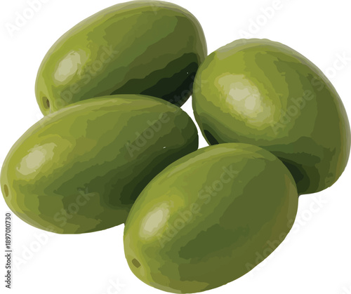 Four Green Olives on White Background Keywords: olives, green olives, fruit, food, healthy