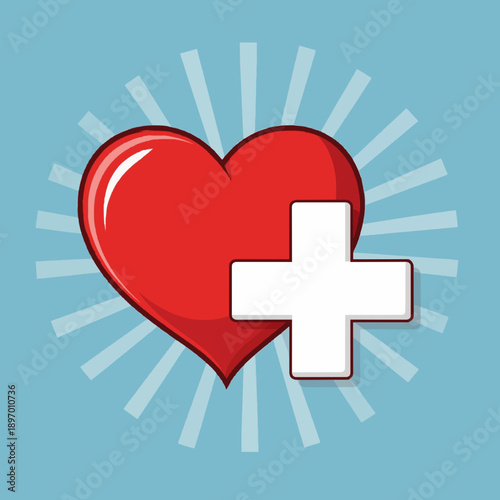 Vibrant red heart graphic paired with a white plus symbol, representing health, medical care, wellness, and positive addition, on a bright blue background with radiating lines