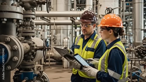 Industrial workers in hard hats inspecting equipment in a factory setting with technology