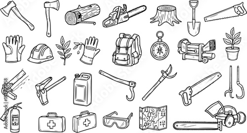 Photos Black and White Line Art Icons of Lumberjack and Forestry Tools and Equipment