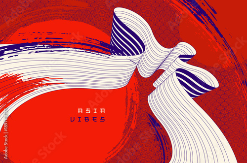Asia style red bright vector abstract background, painted wallpaper in Japan style, dynamic lines in 3D perspective.